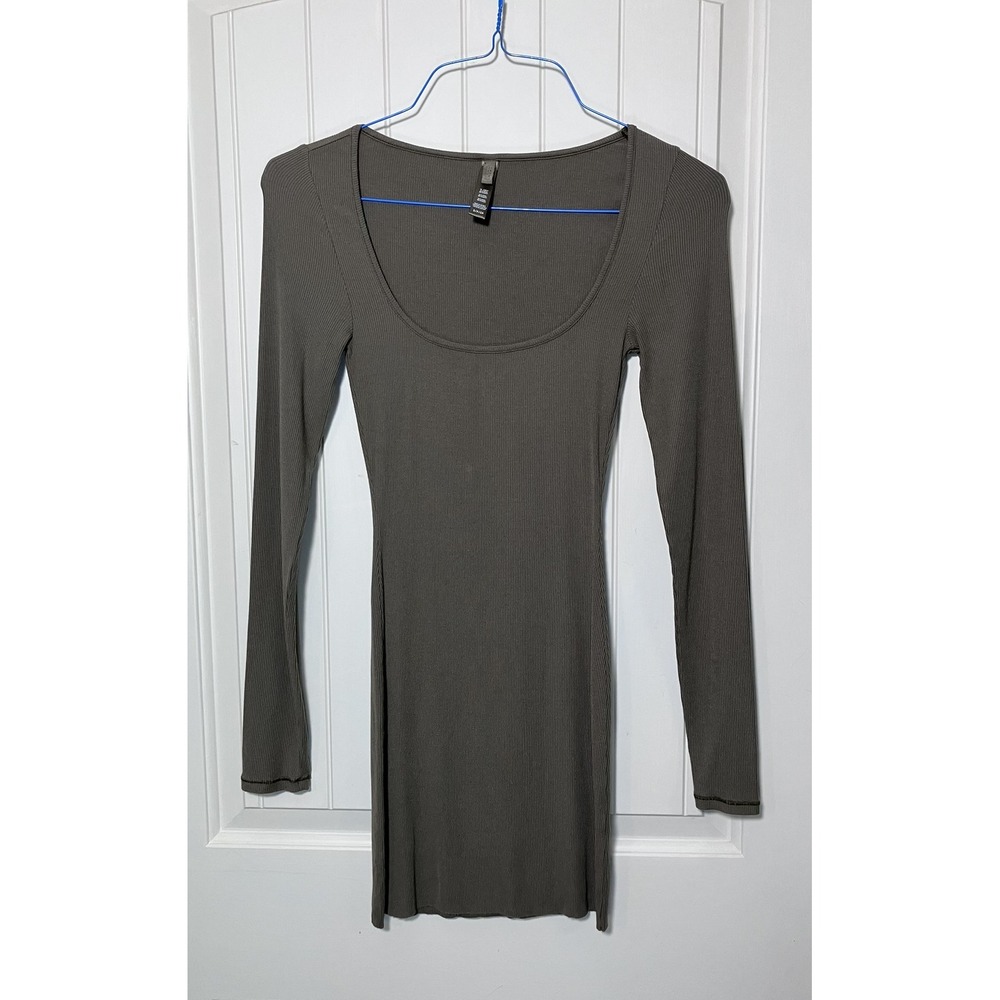 SKIMS Soft Lounge Ribbed Long Sleeve Bodycon Mini Dress Taupe Brown Women Size S - Picture 1 of 13